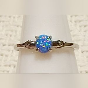 *BP #2123 Dainty & Dazzling Lab Baby Blue Fire Opal Rhodium Ring 8 BRAND NEW